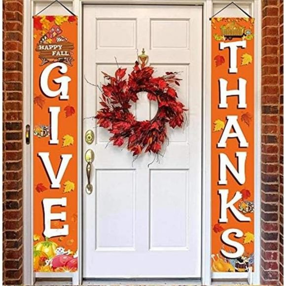 GIVE THANKS Hanging Banner Autumn Pumpkin Maple Leaf Fall Harvest 72"x12" - Picture 5 of 6